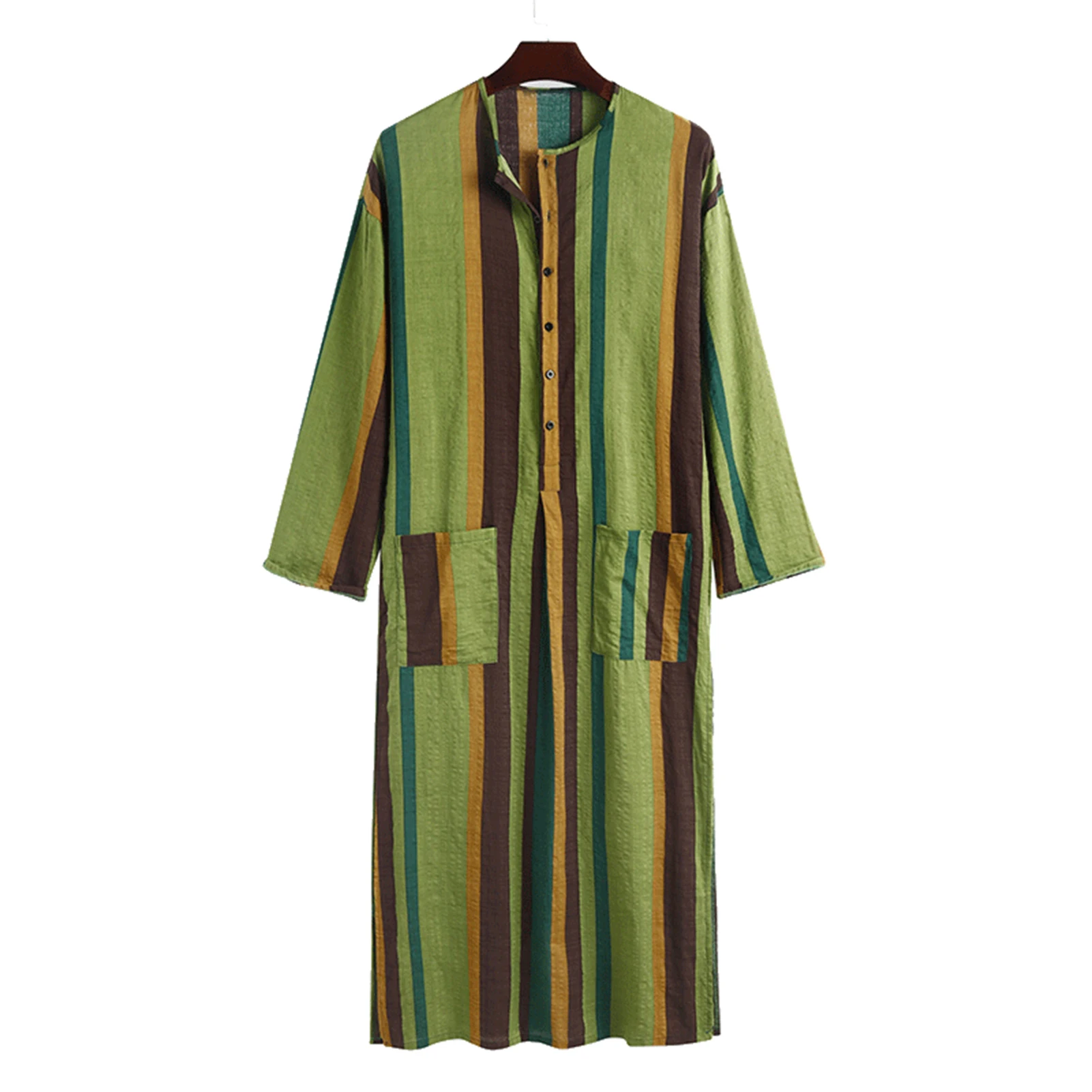 

2020 Striped Muslim Fashion Men Jubba Thobe Long Sleeve Pockets Button Caftan Robes Men Islamic Arab Dubai Kaftan Abaya M-4XL