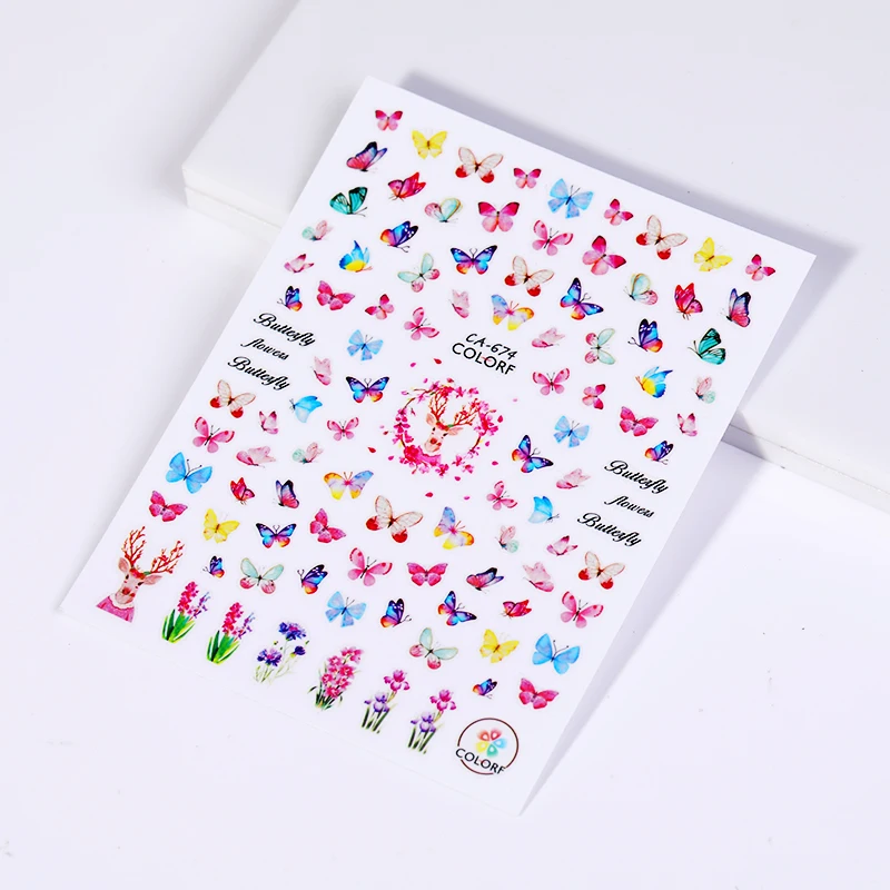 3D наклейки для ногтей с бабочками клейкие слайдеры красочные синие цветы