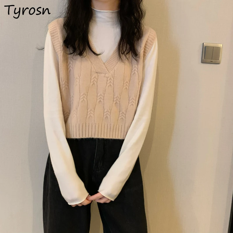 

Women Solid Sweater Vest Tender V-neck Cropped Knitwear Loose All-match Simple Stylish Knitting Casual Basic Autumn Tops Ulzzang