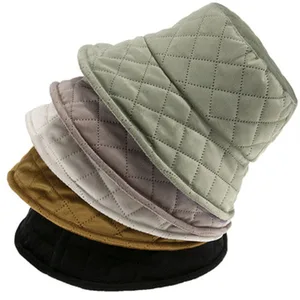 Autumn And Winter Folder Cotton Basin Cap, Pure Color With Rhombic Lattice Fisherman Cap, Fashion Flat Top Warm Cap