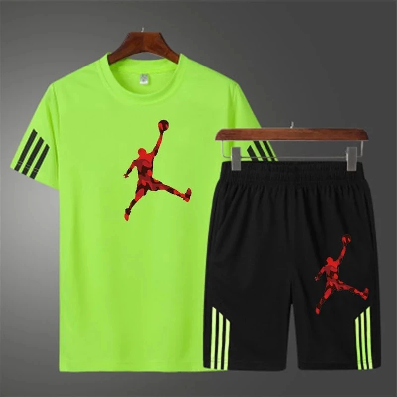 

2021 Men Casual Set Fashion 2 PCS Sweat Suit Striped Short Sleeve T-shirt Shorts Sets Male Sportswear Tracksuit Summer Spor