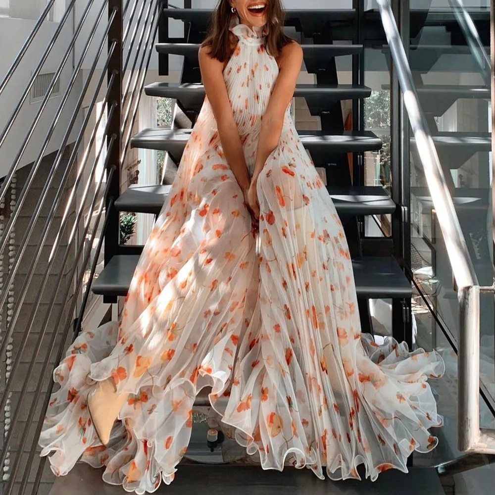 

Vintage Long Maxi Dresses Women 2021 Autumn Expansion Floor-Length Holiday Printed Floral Female Fashion Elegant Long Dress