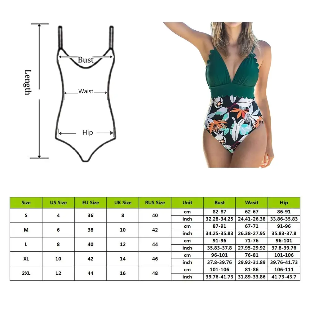 

2021 Summer Teal And Floral Scalloped One-Piece Swimsuit Sexy V-neck Women Monokini New Girls Beach Bathing Suit Swimwear