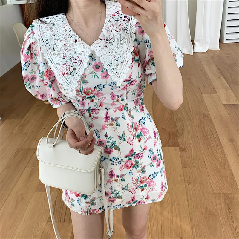 

Fashion Print woman dress V Neck High Waist Casual holiday dresses for women puff Sleeves Bodycon mini vestidos 2021