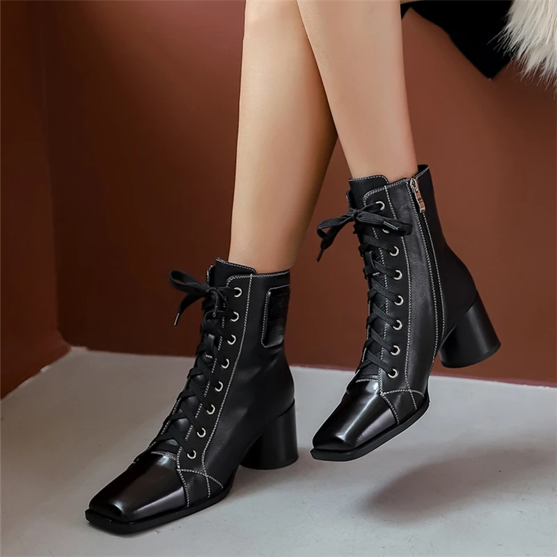 

CONASCO Fashion Casual Ankle Boots For Women Autumn Winter Genuine Leather Shoes Woman Square Toe Cross-Tied High Heels Boots