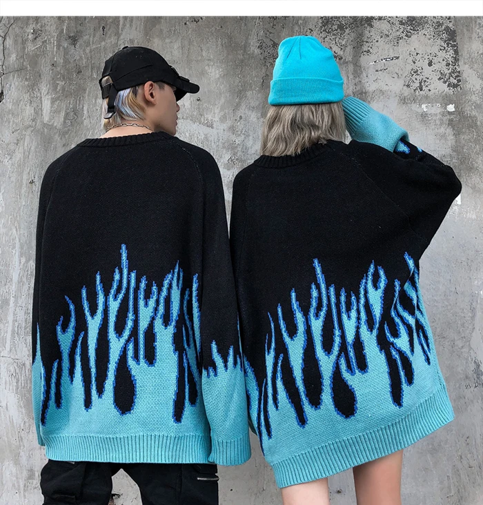 Hip Hop Sweater Pullover Men Blue Fire Flame Knitted Sweater Harajuku Streetwear Tops Casual Couple Sweater Black