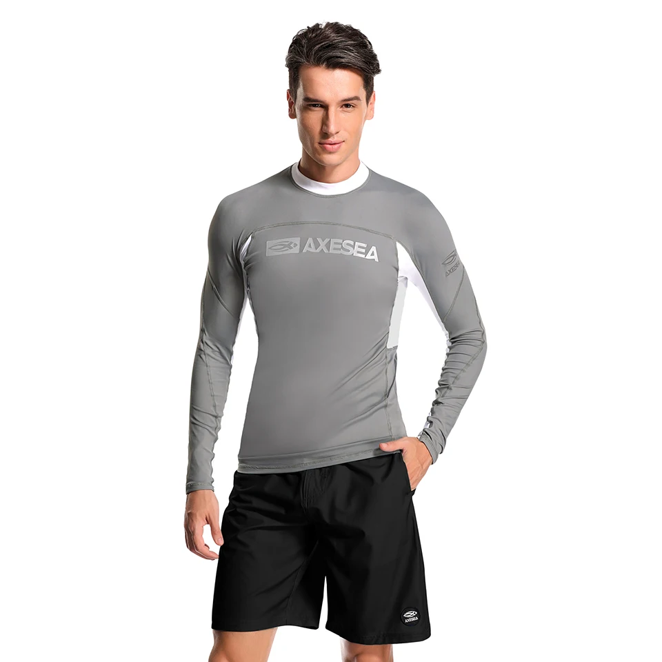 AXESEA Men Rash Guard Patchwork Swimwear Long Sleeve Rashguard Sun Protection Swimsuit Surfing Shirt Top UPF50+ Sport Beachwear