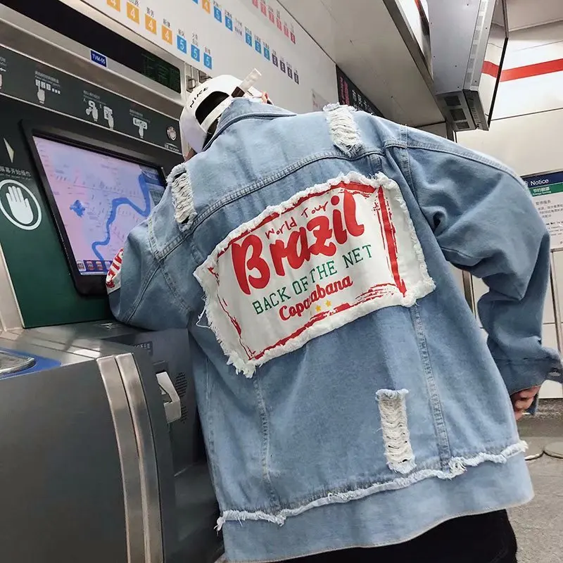 Мужская джинсовая куртка Zogaa Повседневная Свободная однотонная с дырками