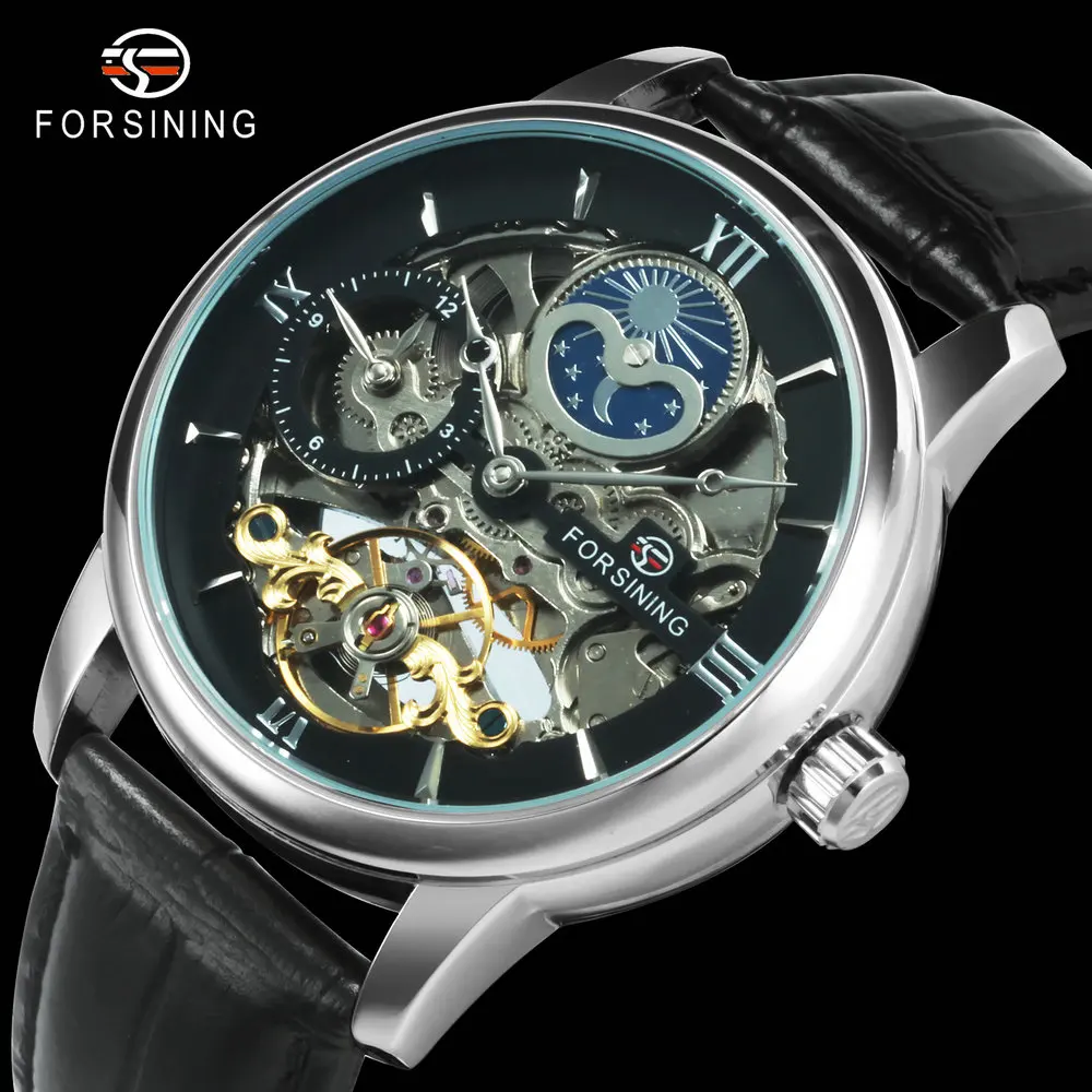 FORSINING Роскошные автоматические механические часы для мужчин Скелетон фаза Луны