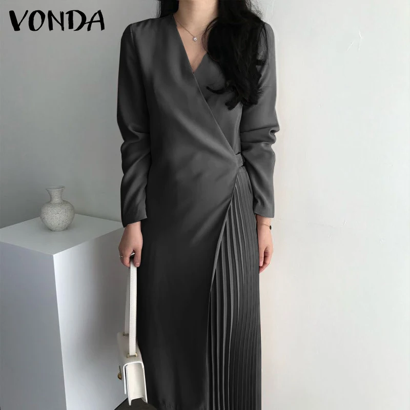 

3 Colors Elegant Dress VONDA 2022 Women Long Sleeve Sexy Deep V Neck Dresses Loose Pleated A-Lined Vestidos Autumn Fall Sundress