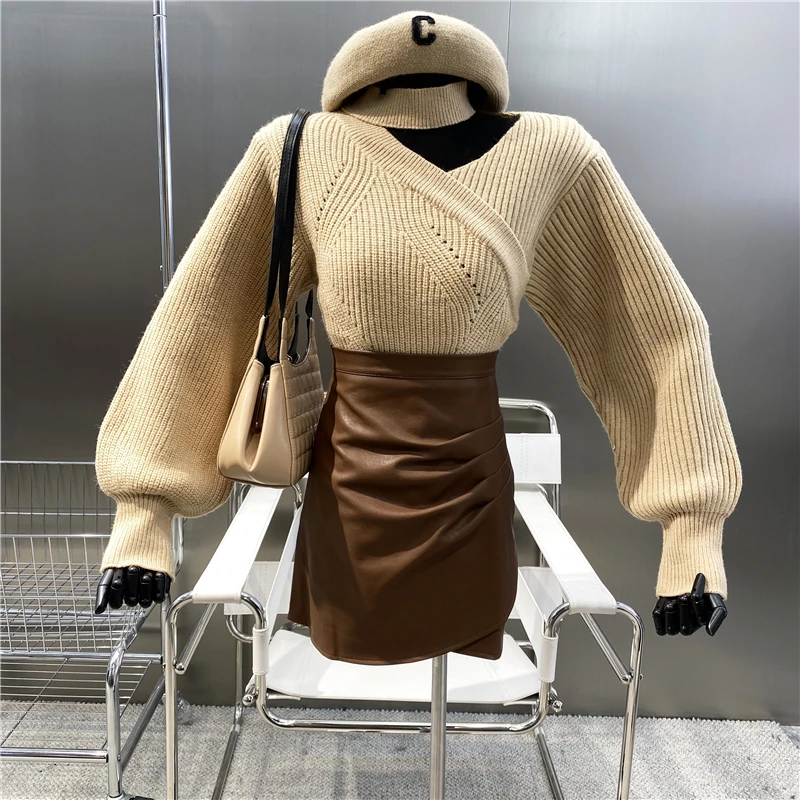

New 2021 Careful Machine Inclined Off Shoulder Hollowed Out Long Sleeve Sweater Hanging Neck Asymmetric Lantern Sleeve Top