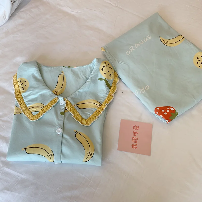 

Women Pajama Suit Spring Autumn Casual Long Sleeve Cotton Homewear Ladies Fruit Banana Strawberry Pineapple Print Sleepwear Set