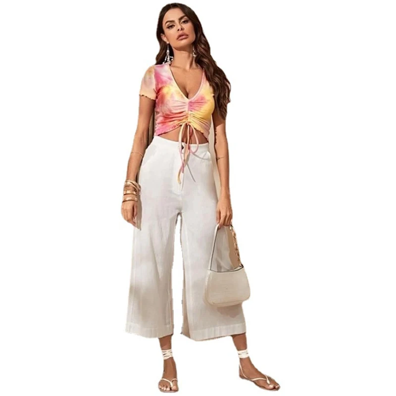 

Women's Fashion Light Tie Dyed Short Top With Drawstring Pleated Elastic T-shirt