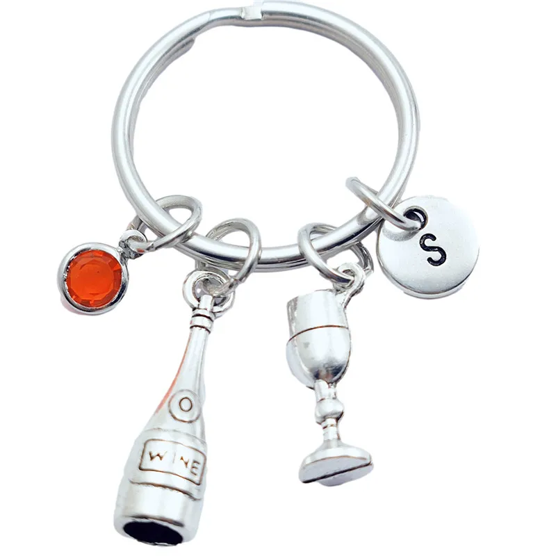 

Wine Glass Cheers Keychains Creative Initial Letter Monogram Birthstone Keyrings Fashion Jewelry Women Gifts Pendants