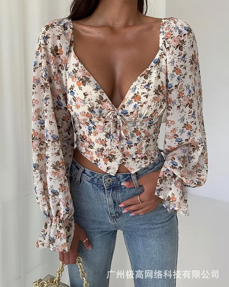 

2021 New Summer Women's White Floral Long Sleeve Blouses