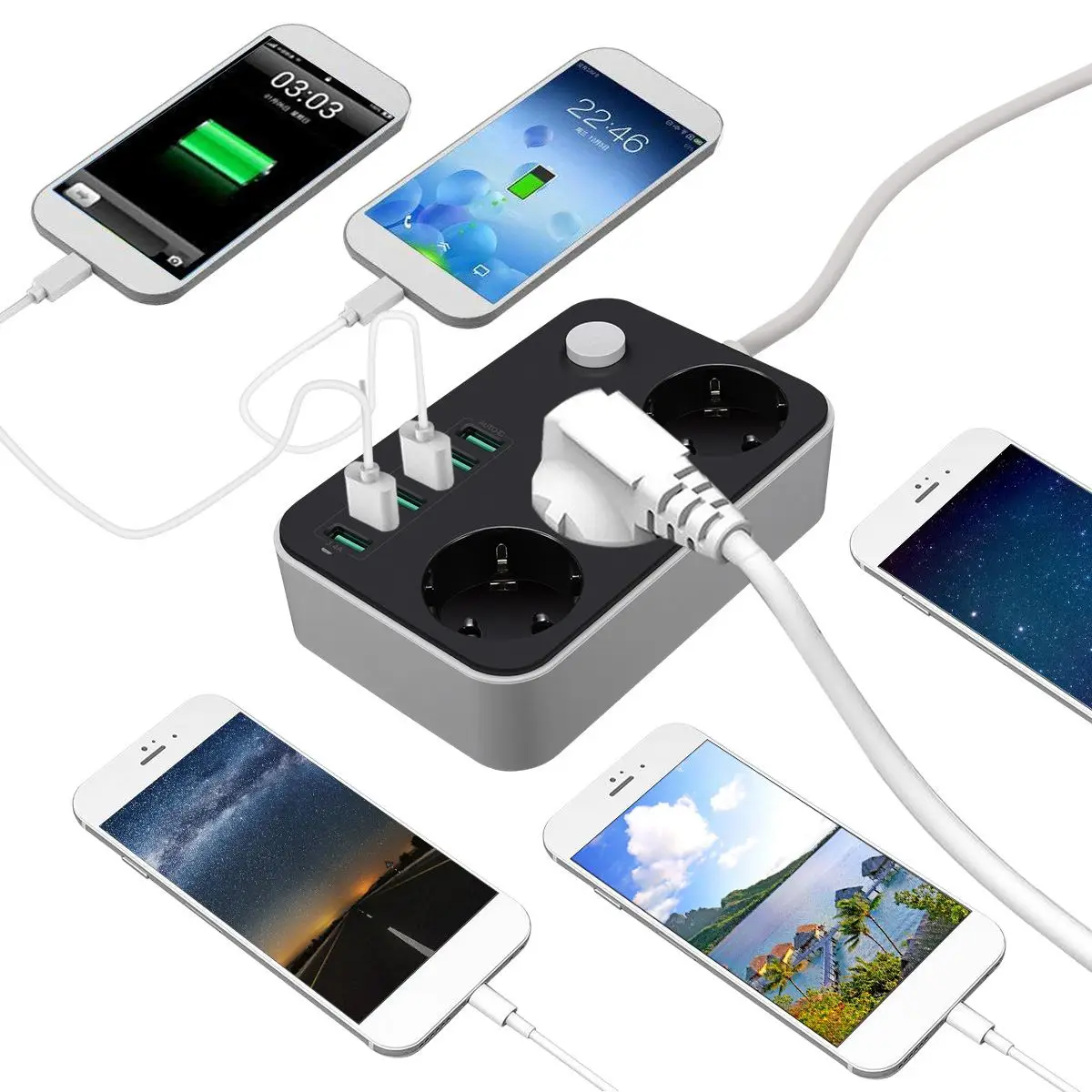 LDNIO, умный USB адаптер, зарядное устройство, 6 портов, 5 В, 3.4A, 2.4A, 3 розетки переменного тока, ЕС, розетка, удлинитель для Iphone 8 X, Xiaomi Mi9