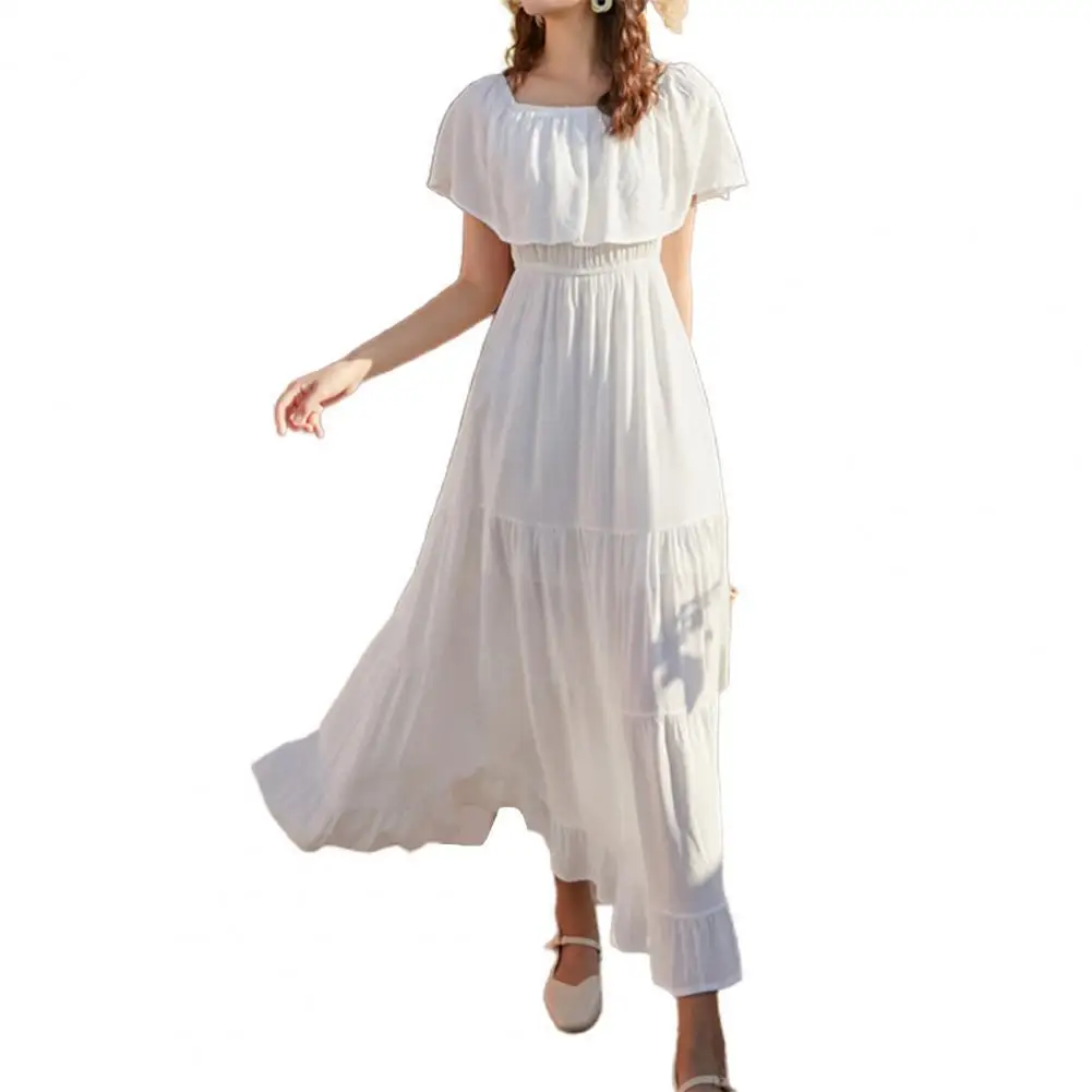 

Summer Women Beach Long Dress Elegant Solid Color Ruffle Off Shoulder Backless Ankle-length Dress Sundress Wedding Party Vestido