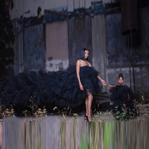

Cute Black Mom & Me Tulle High Low Dresses Tiered Ruffles Off The Shoulder Long Dress For Daughter And Mom Ruffled Tiered Gown