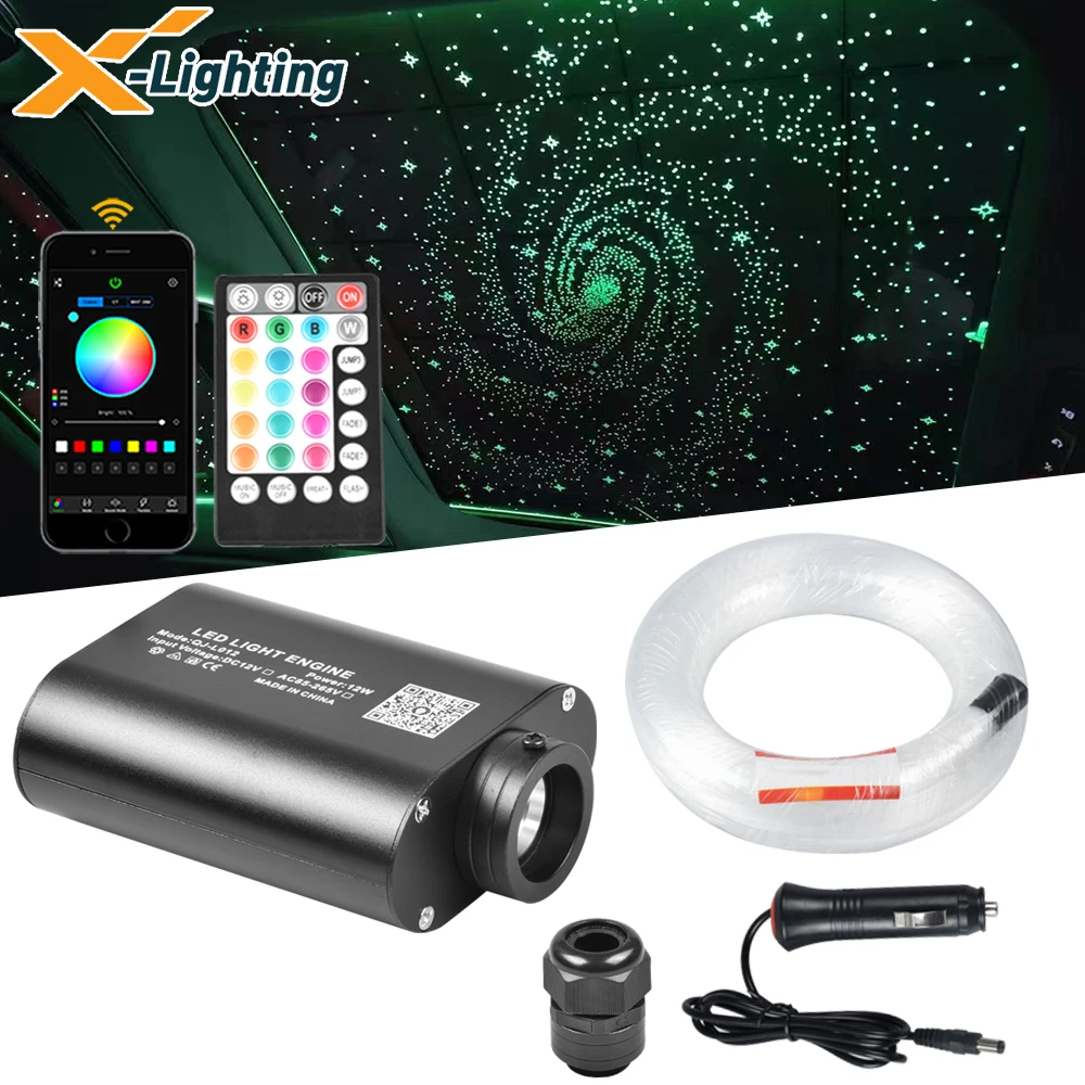 Sound Active 12W RGBW Music/Bluetooth APP Control Fiber Optic Starry Ceiling Kit Light With 150-450PCS 2-3M Cable For Car Use