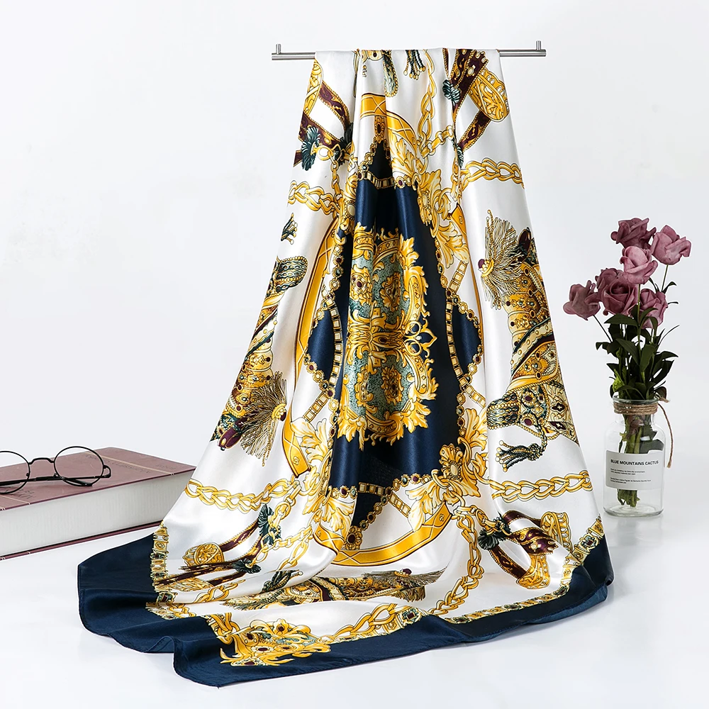 Женские шелковые шарфы 90*90 см большие квадратные атласные легкие для сна банданы