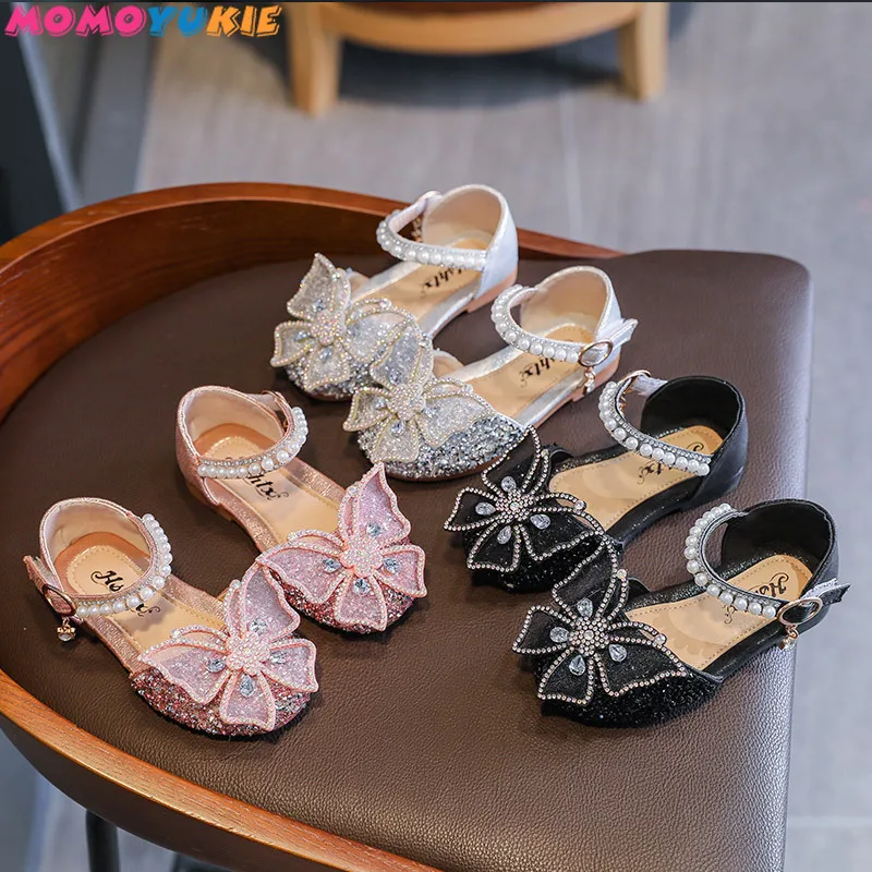 Zapatos con lazo de encaje de lentejuelas para ni&ntilde;as, zapatillas de baile de princesa con perlas bonitas, informales, para fiesta, boda, D721, novedad de 2021-1