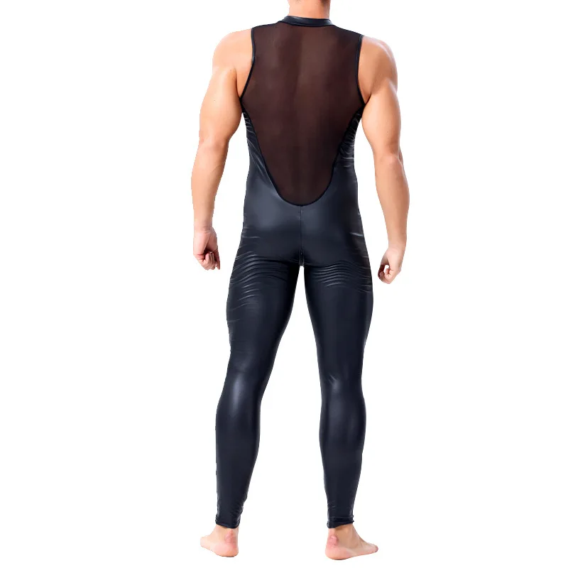

Patent Leather Mens Sexy Sleeveless Zipper Open Crotch Jumpsuits Hollow Out Mesh Splice Full Bodysuit