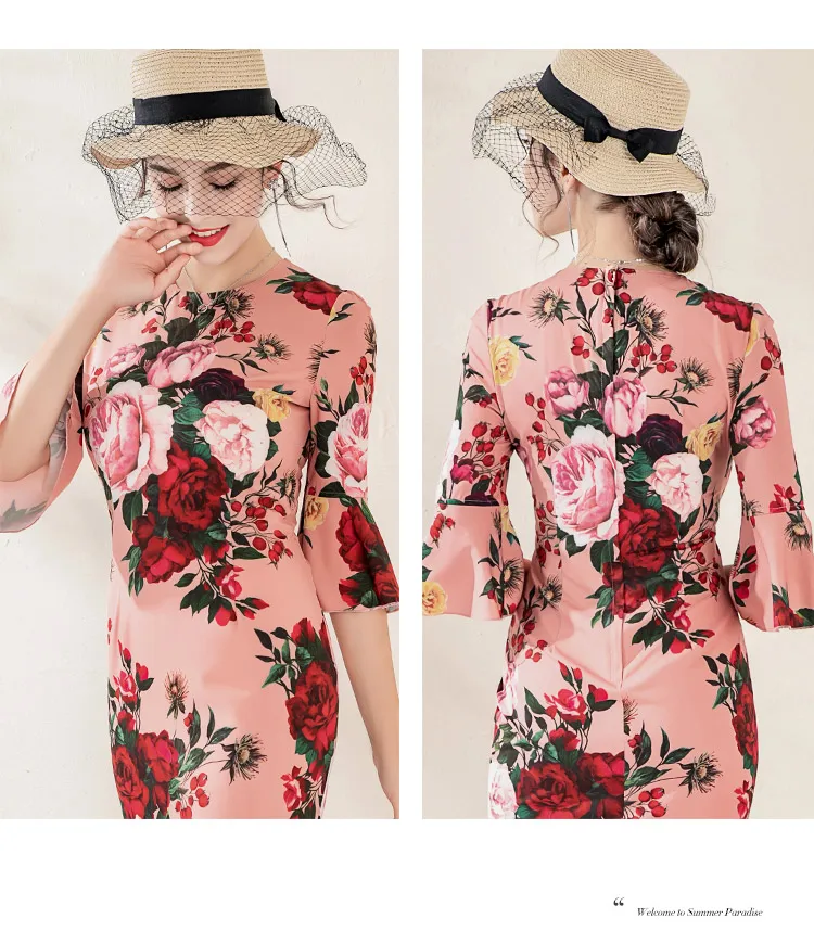 

MIUXIMAO High Quality 2019 Fall&spring Dress Vintage Flare Sleeve Flower Print Eleghant Casual Dress Women Vestidos