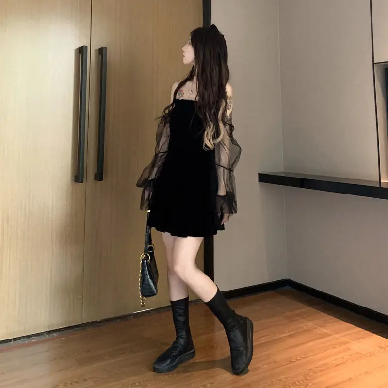 

2021 Spring Autumn New Dress Women's Nightclub Temperament Sexy Slimming Waist One Word Collar Short Mesh Black Dresses Y568