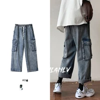 pockets patchwork jeans mens retro vintage denim pants male streetwear straight wide leg jean blue 100 cotton daddy cargo pants
