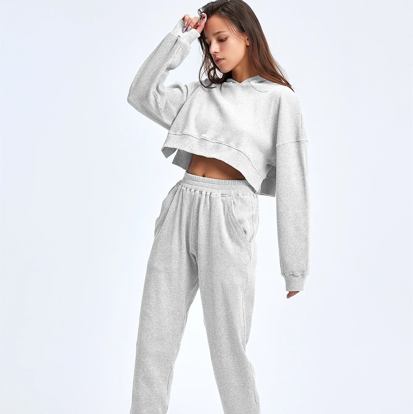 

Loose Hooded Sports Hoodie Fashion Running Solid Color Fitness Suit Cross-border Europe And America Long Sleeve Pants Yoga Suit