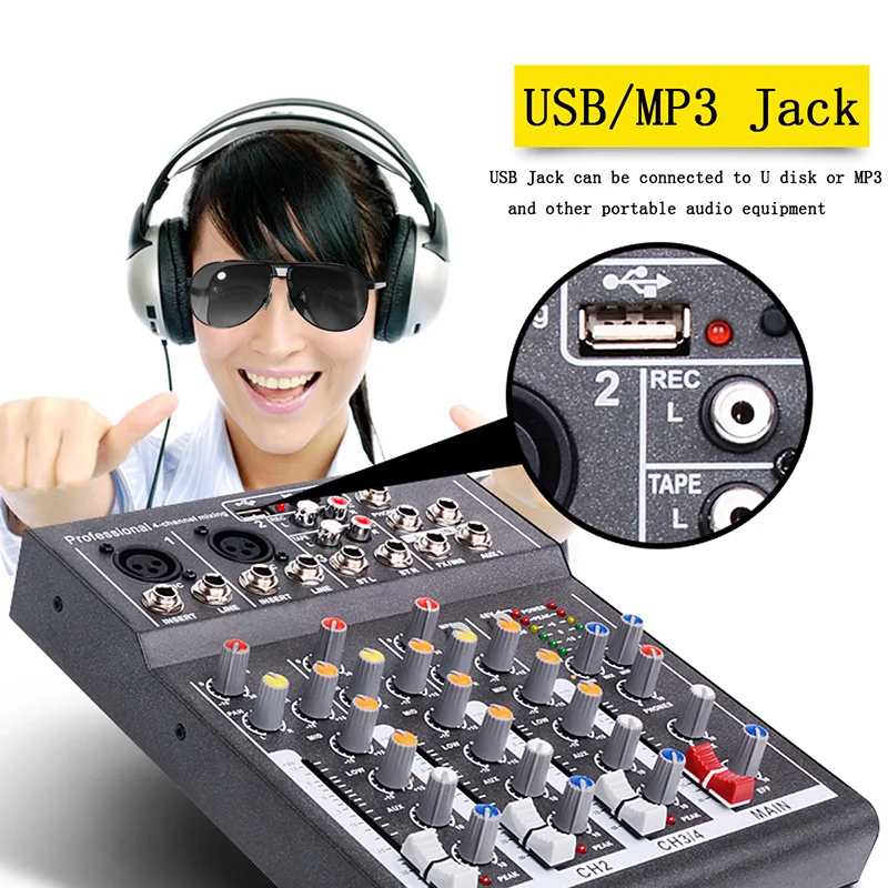 Мини Портативный аудио микшер с USB DJ звук микшерный пульт MP3 Jack 4 канала караоке 48 в