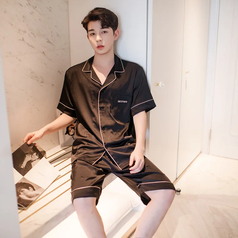 Summer Silk Set Short Sleeve With Pocket Shorts Sleepwear Men and Women Loose Style Home Suit  couple pajamas