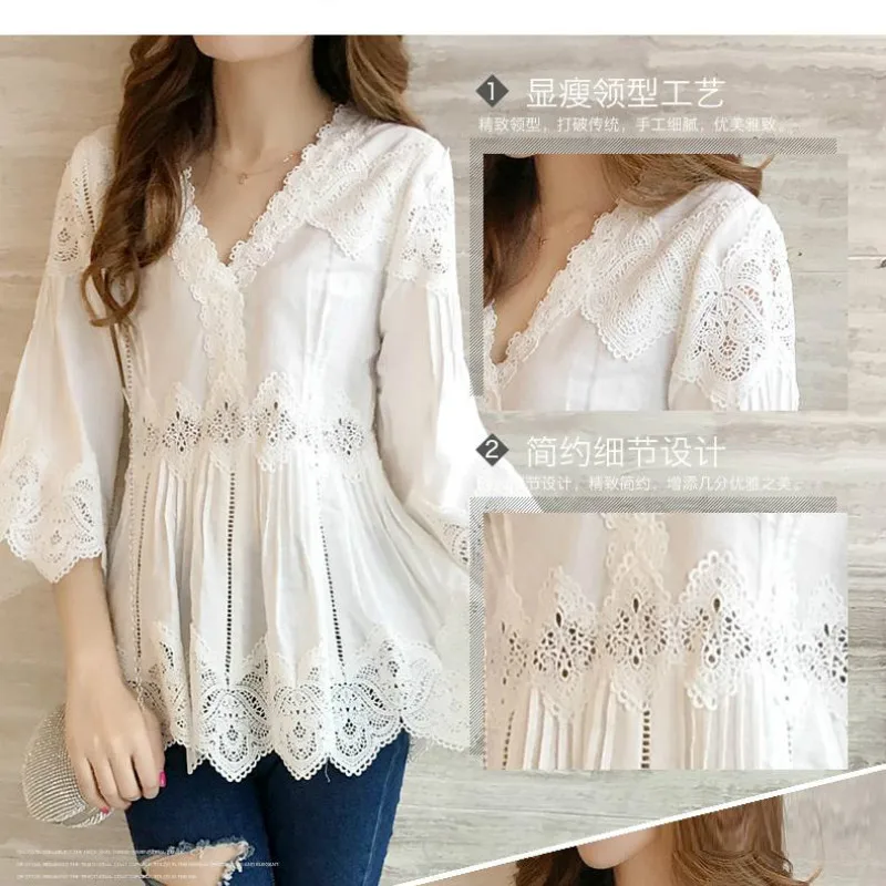 

Spring Autumn New Arrival Women Sweet Ruffles V-Neck Fashion Lace Shirt Patchwork Hollow Out Women Blouses Casual Tops Plus size