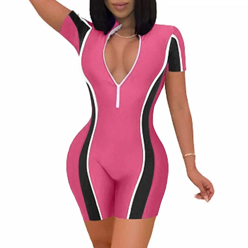 

Women Summer Rompers Sexy Clothing Sleeveless Slim Zipper Playsuit Patchwork Casual Sporty Jumpsuit Fashion Overalls For Women