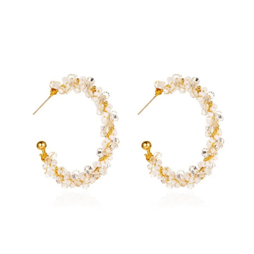 

Crystal Bead String Twist Big Circle Hoop Earrings French Metal Winding C-shaped Hoops Girl Jewelry for Women