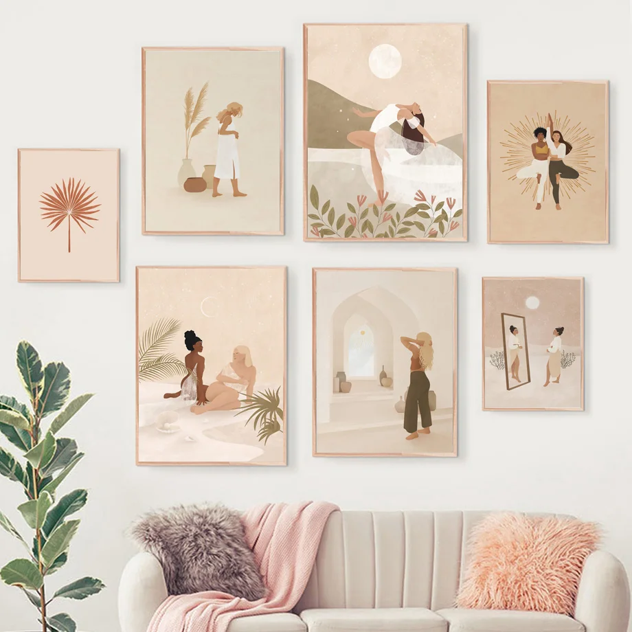 

Canvas Painting Boho Vintage Moroccan Beige Girl Sun Leaf Nordic Posters And Prints Wall Art Pictures For Living Room Decoration