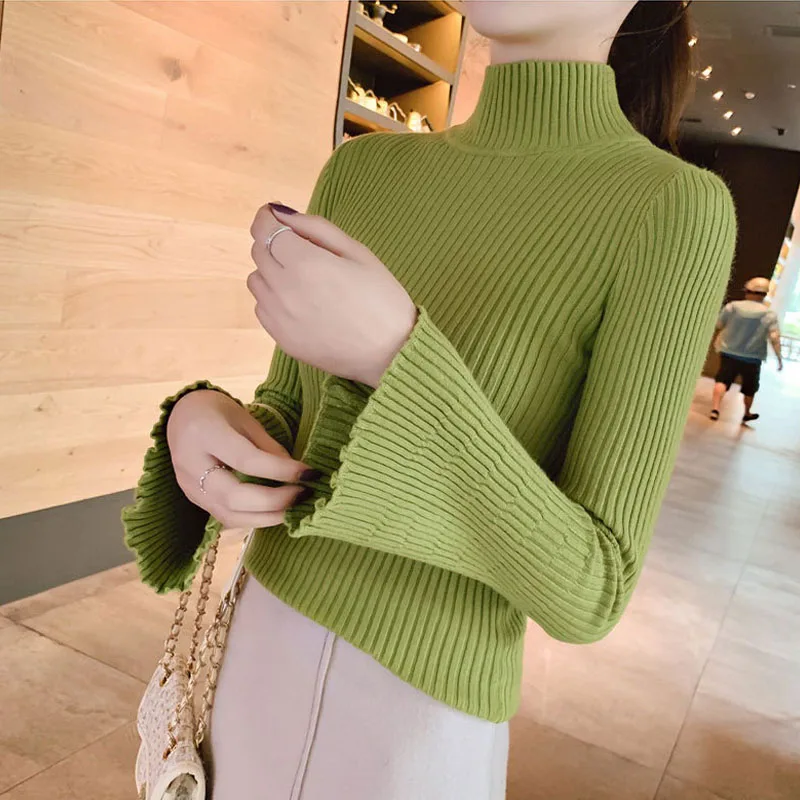 

CN 2021 Woman Sweaters Autumn Winter Casual Half Turtleneck Flare Sleeve Knittings Elegant Slim Fit Basic Sweater Women