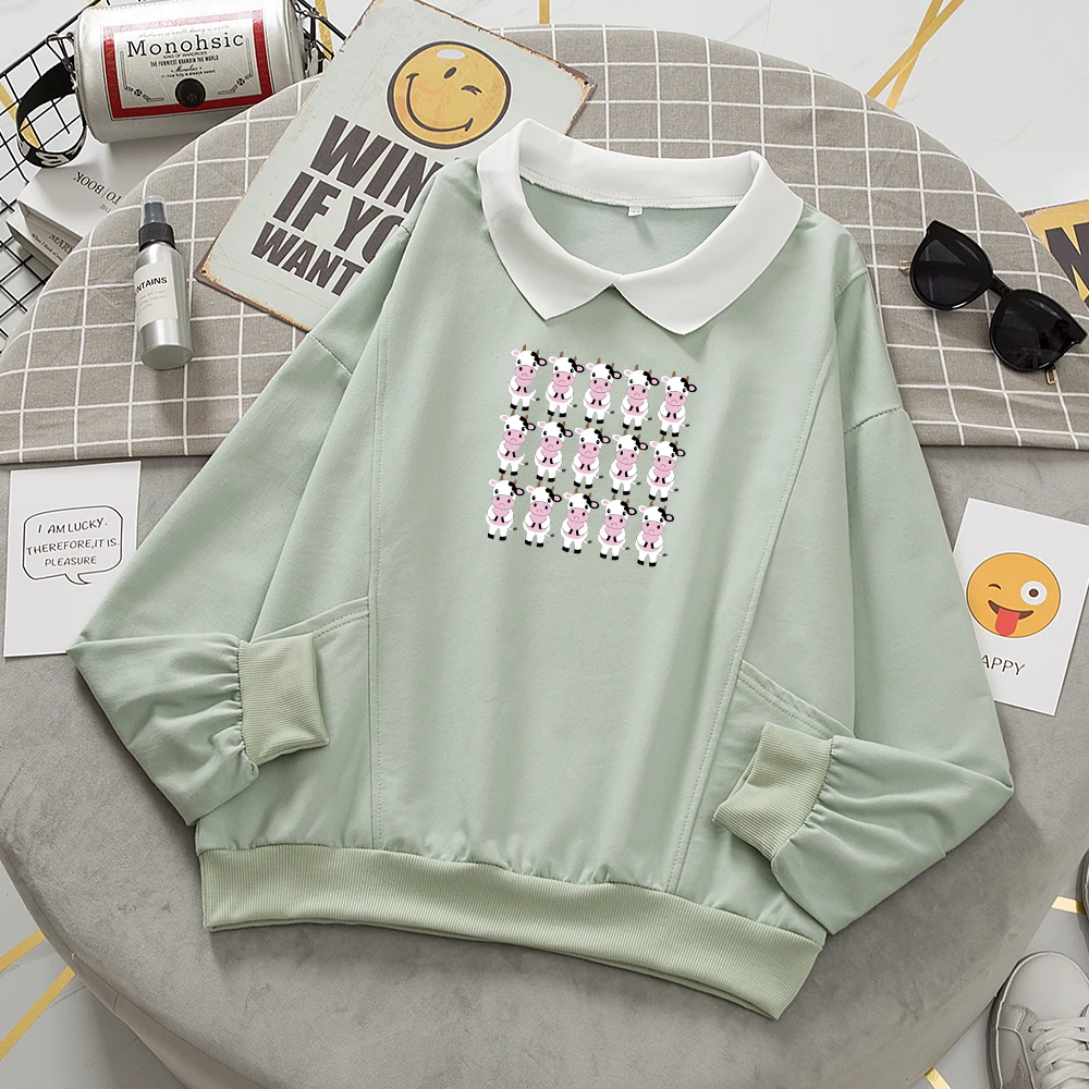 Kawaii Hoodies Harajuku Cow Printed Women Pullover Tops Cute Turn-down Collar Sweetshirt Autumn Full Sleeve Leisure Sweatshirts