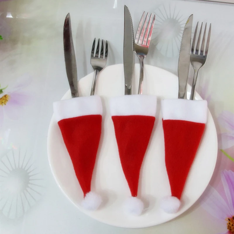 

Новинка, 10 шт., украшения для вечеривечерние, искусственная посуда, держатель, Санта-Клаус, Красная рождественская шляпа