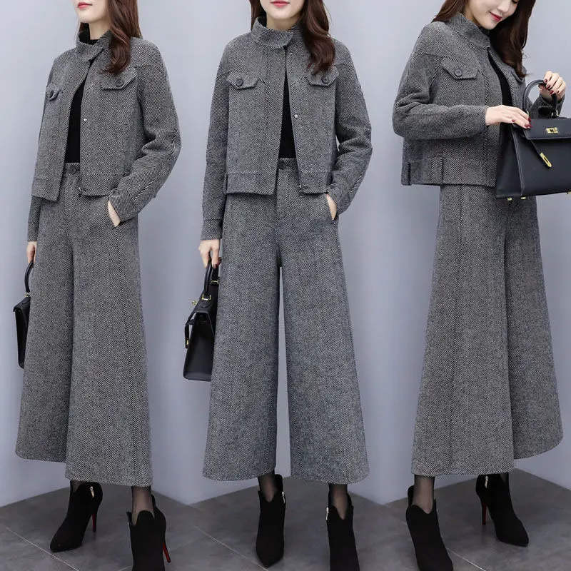 

2021 New Autumn Winter Woolen Two Piece Sets Outfits Women Short Coat and Wide Leg Pants Suits Elegant Office Korean Sets Y477