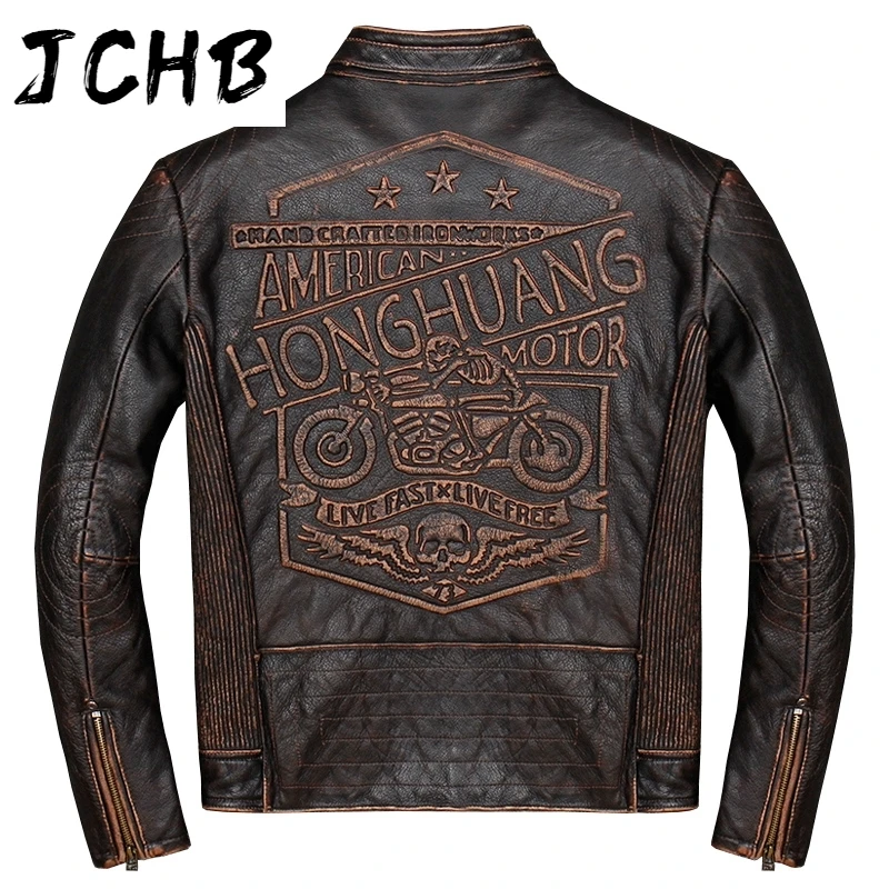 

2021 Locomotive Brand Cowhide Vintage Thick Genuine Leather Zipper Coat Male Autumn Winter Slim Fit Jacket