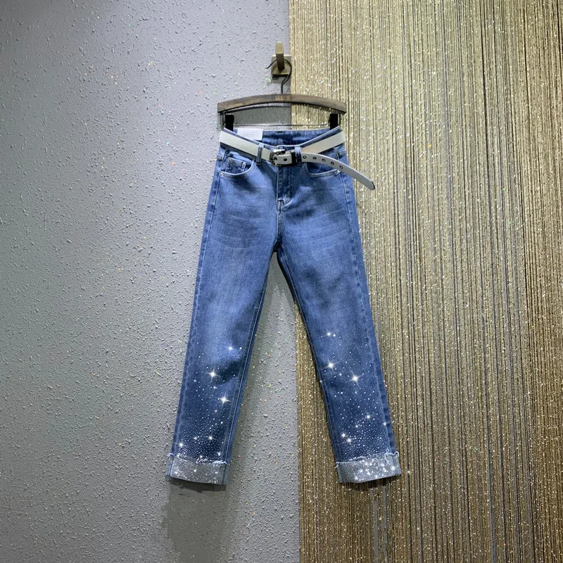 

2021 Spring Summer Jeans New Heavy-Duty Trousers Hot Drilling Straight-Leg Edged Casual Denim Pants Women Blue Jeans Students