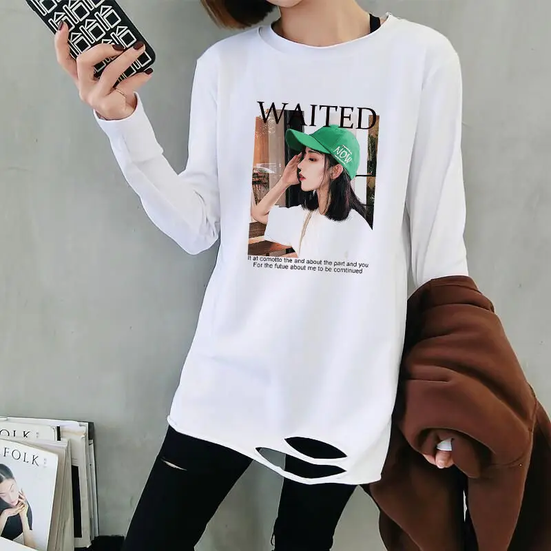 

Long Sleeve T-shirts Women Simple Teens Round Neck Hole All-match Casual Kpop Female Cozy Korean Style Basic Students Minimalist