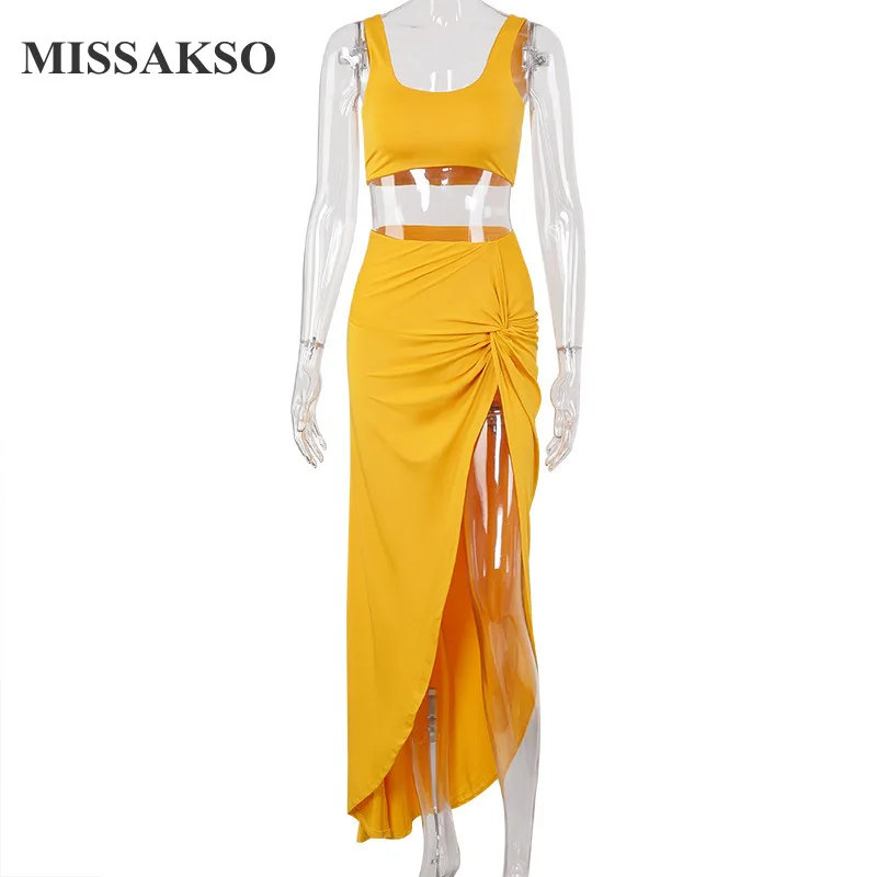 

Missakso Summer Women Sexy Crop Top Split Skirt Beach Sleeveless Ladies High Waist Solid Party Two Piece Set