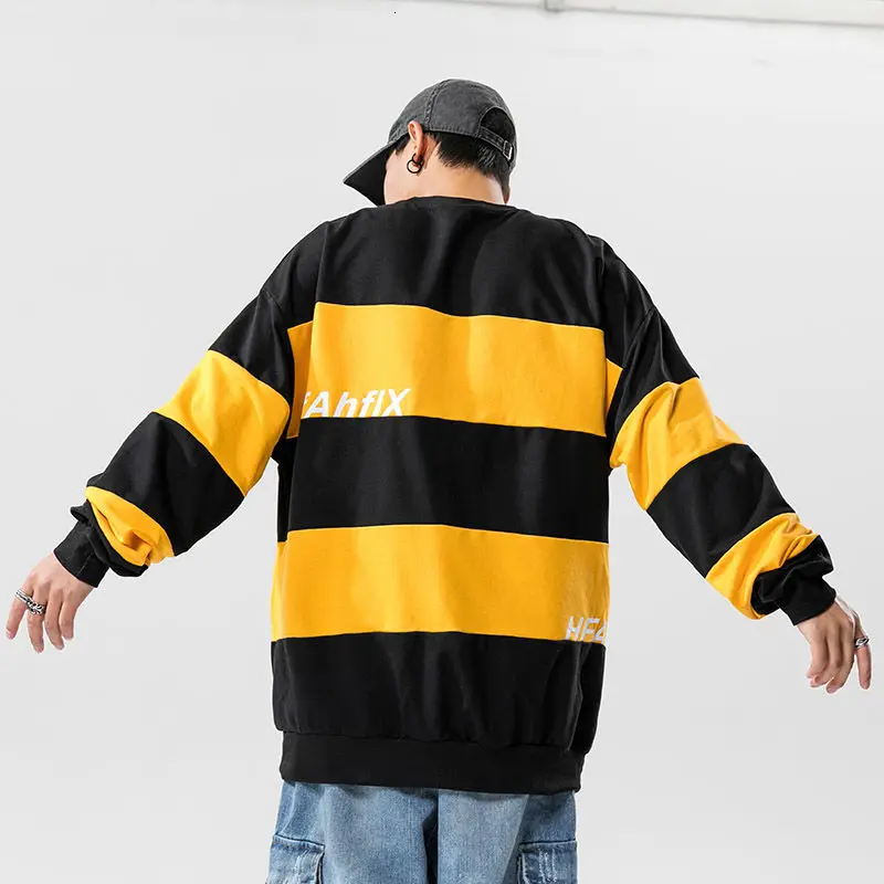 

2021 spring The new listing couple wear capless round neck pullover men's loose wild striped splicing top Korean trend hoodies