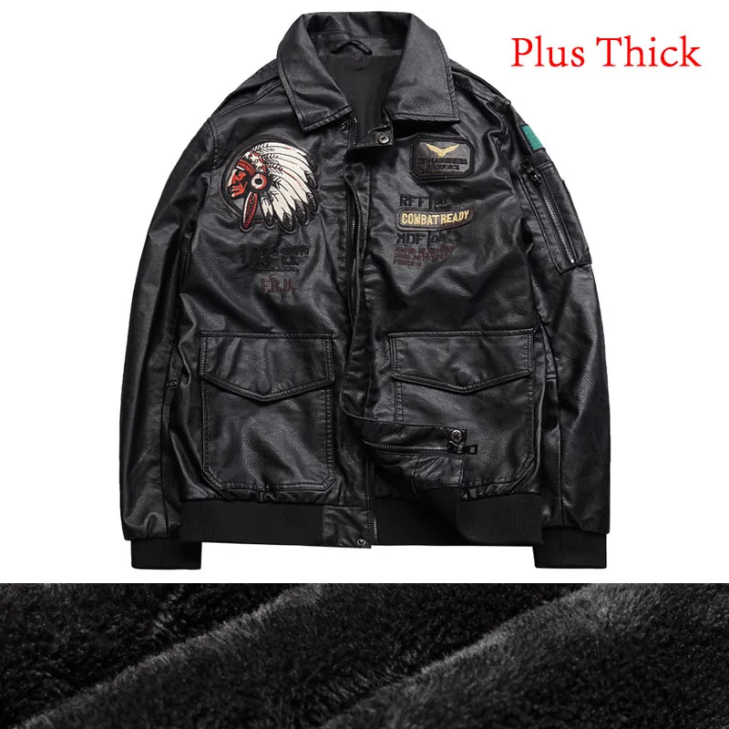 Plus Thick Весенне-осенняя Новинка, классический бренд, мужская куртка-бомбер, Куртки из искусственной кожи, индийский вождь, вышитая Мужская авиационная летная куртка, пальто - Цвет: Plus Thick