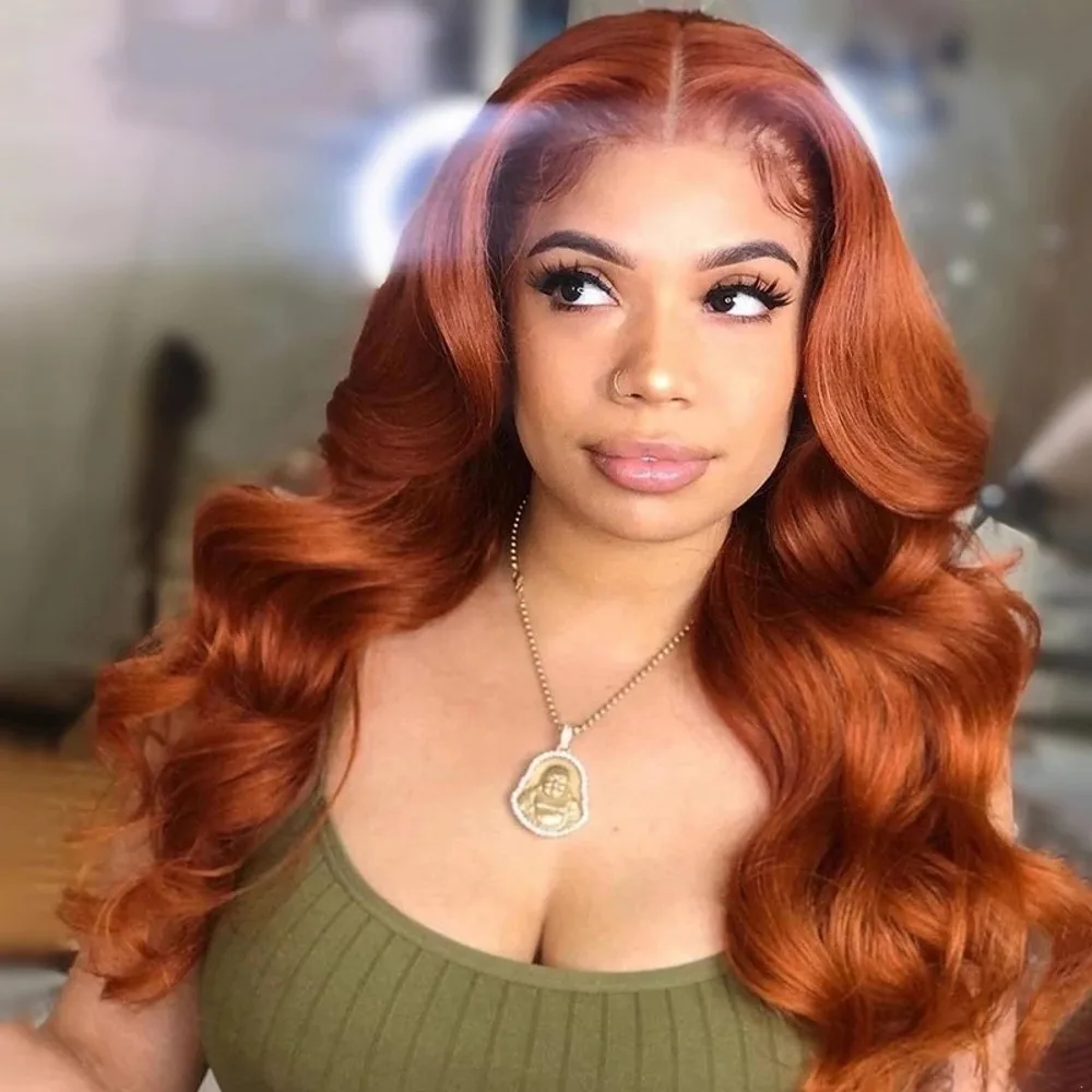 Длинный кудрявый парик Auburn из медно-Красного синтетического кружева спереди