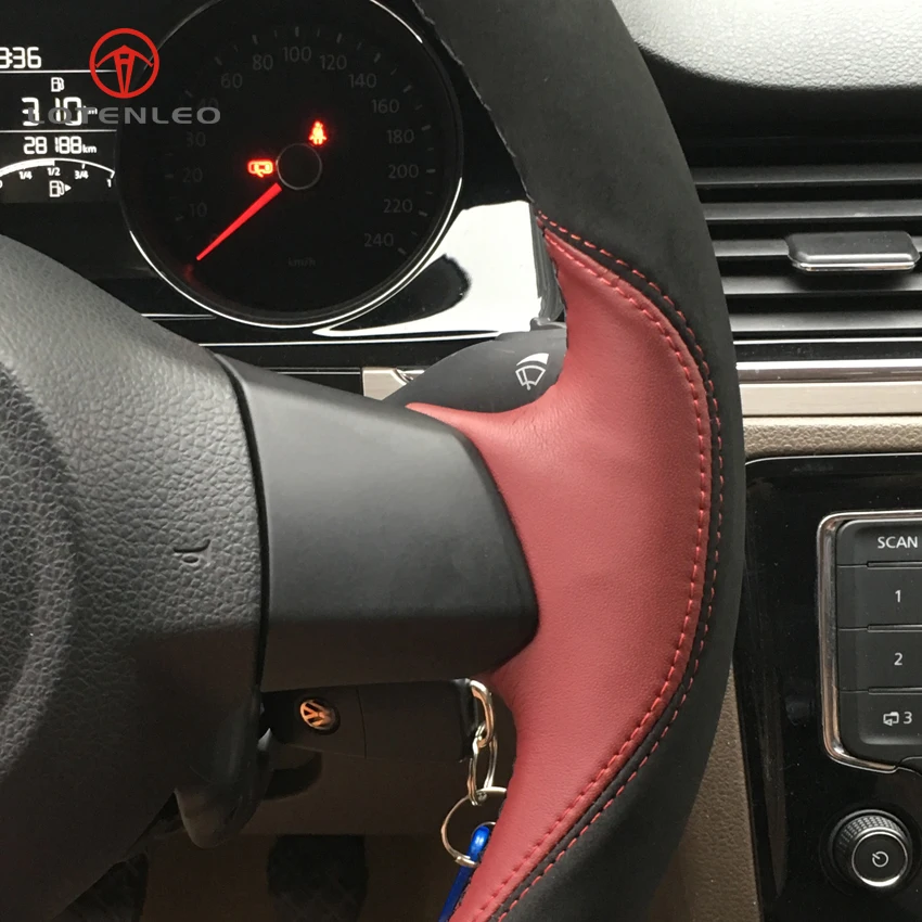 

LQTENLEO Black Suede Wine Red Leather Hand-stitched Car Steering Wheel Cover for Volkswagen vw Golf 6 Mk6 Jetta 6 Polo 2011-2014