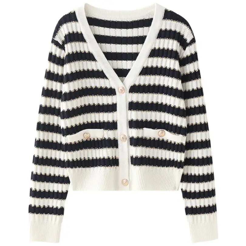 

Runway Cardigan Sweater Women Striped V-Neck Long Sleeves Buttons Sweter 2021 Autumn Winter Fashion Casual Knit Jersey w314
