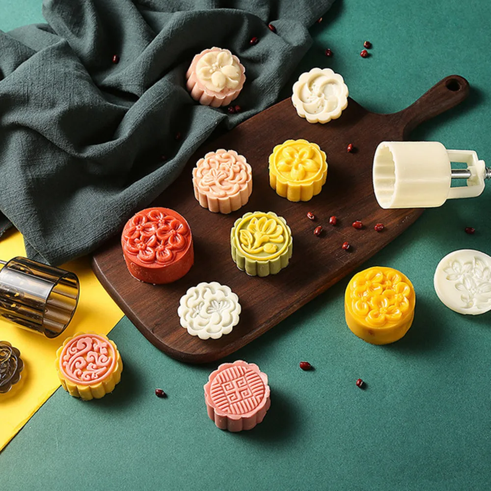 

7 Style Round/Square Flower Moon Cake Mold Set Mid Autumn Festival DIY Hand Pressure Fondant Moon Cake Mould Decoration Tools